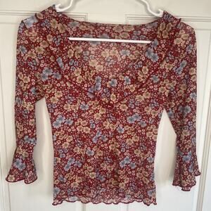 Vintage Y2K Mesh Ruffle Crop Top Size S Ditsy Floral Coquette Fairy Whimsigoth